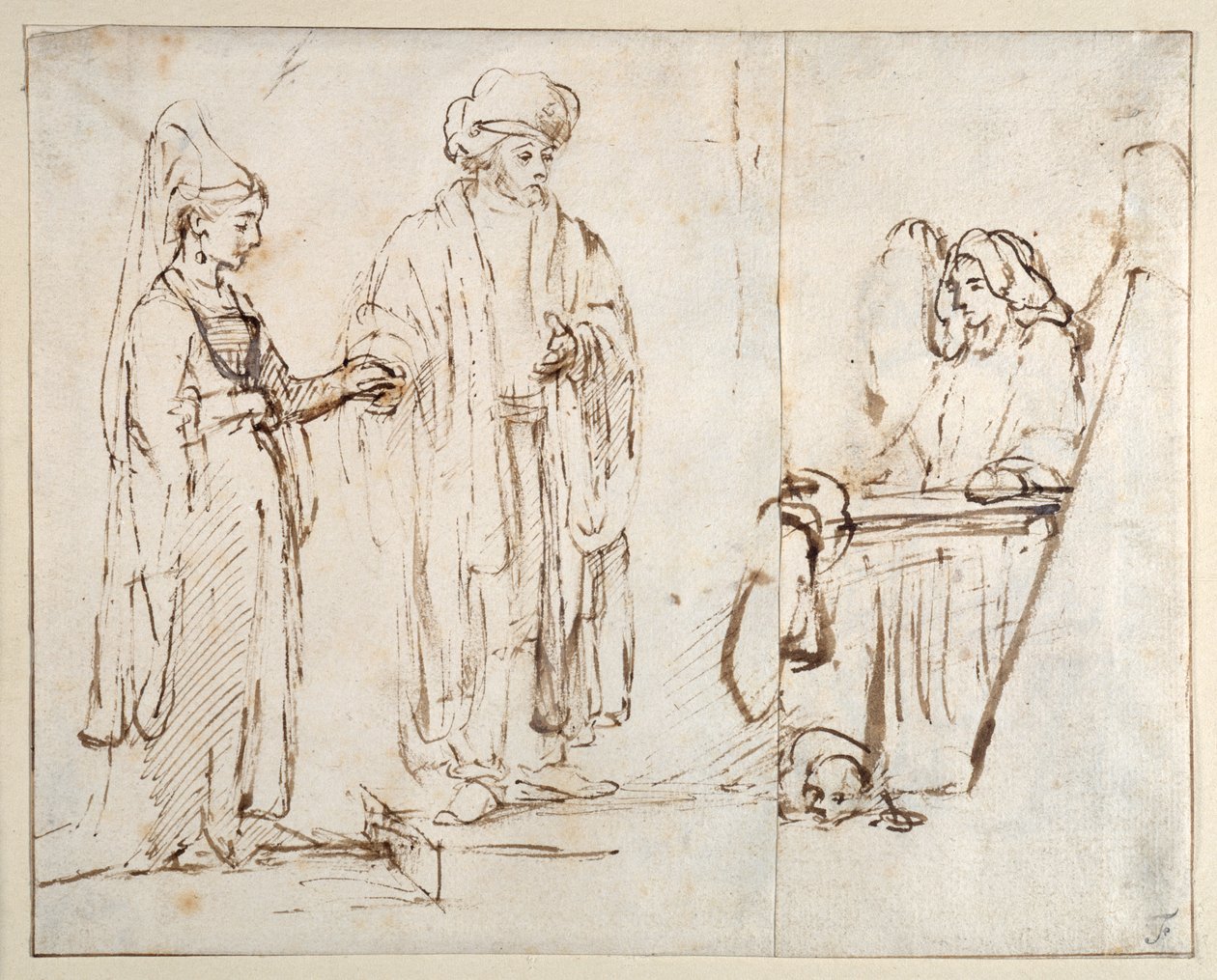 Laban traz Leah para Jacob, com Jacob sobreposto por um fragmento de outro desenho; um anjo com um cão deitado a seus pés de Rembrandt Harmensz. van Rijn
