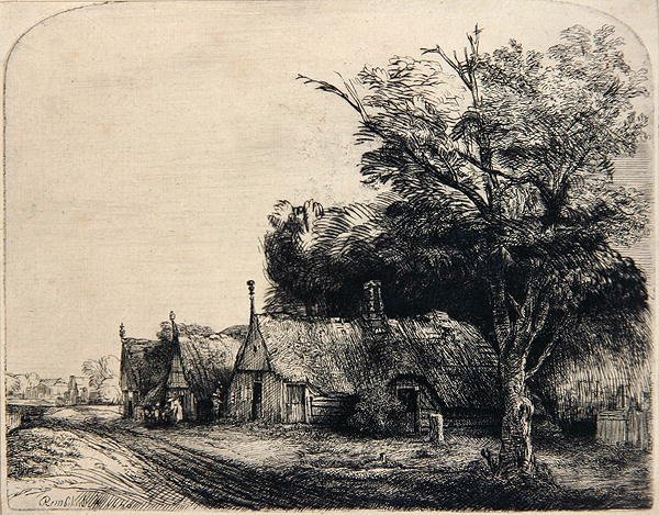 Paisagem com Três Cabanas (gravura) de Rembrandt Harmensz. van Rijn