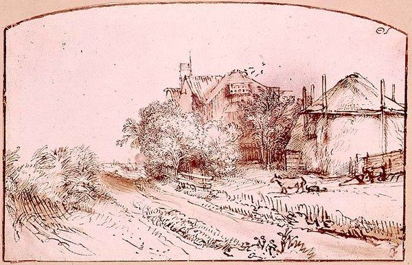 Paisagem com uma casa de campo e Haybarn de Rembrandt Harmensz. van Rijn