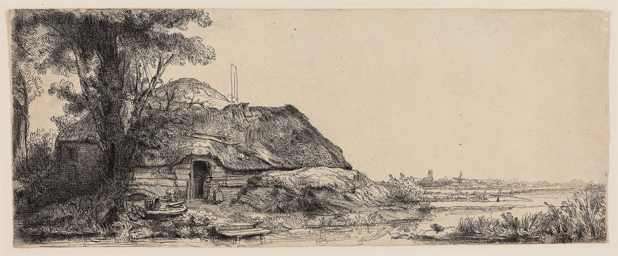 Paisagem com uma casa de campo e uma grande árvore de Rembrandt Harmensz. van Rijn