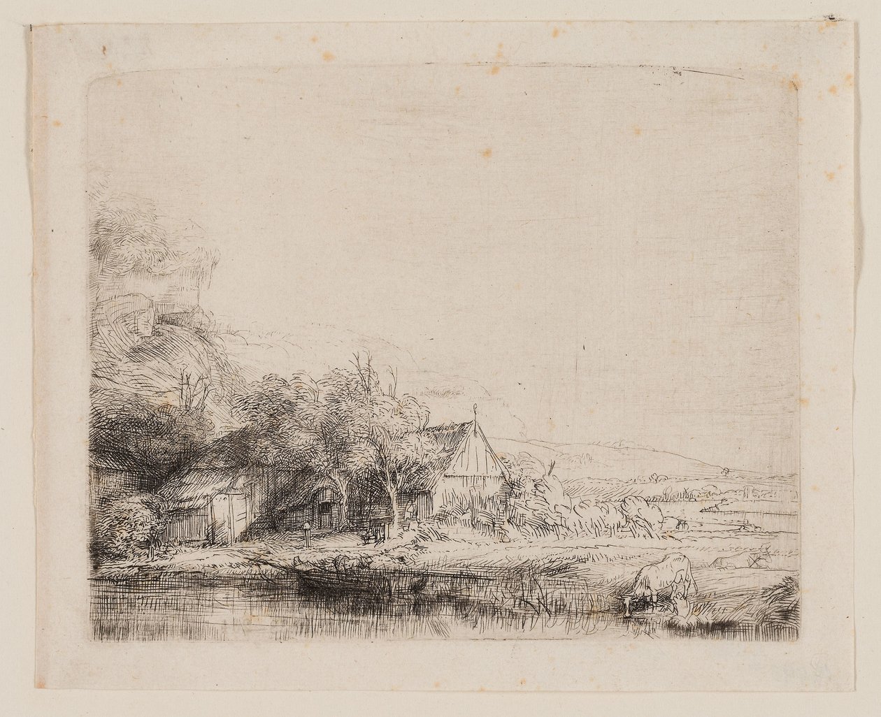 Paisagem com Bebida de Vaca, c.1650 (gravura e ponto seco sobre papel de marfim) de Rembrandt Harmensz. van Rijn