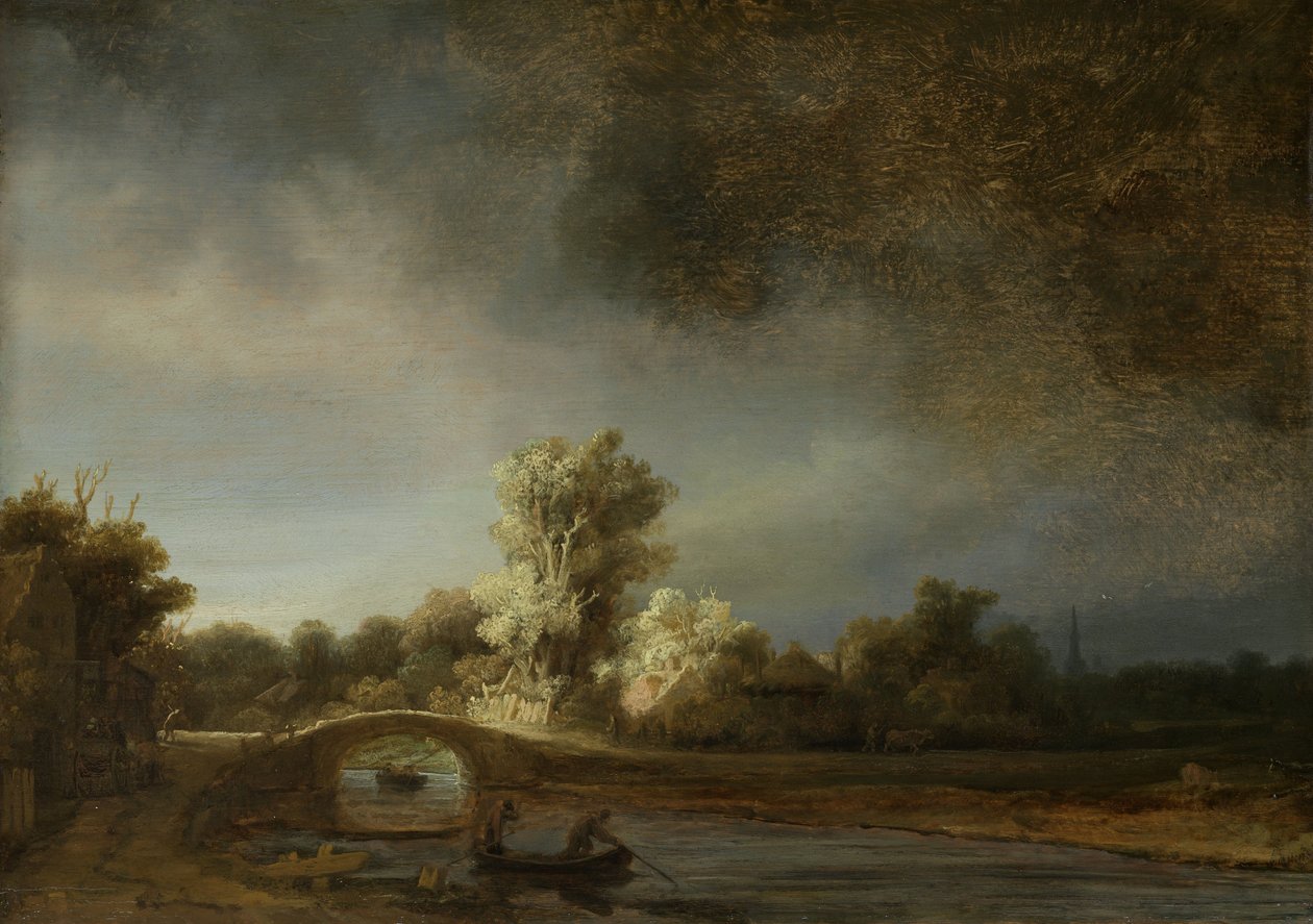 Paisagem com ponte de pedra, c.1638 (óleo no painel) de Rembrandt van Rijn