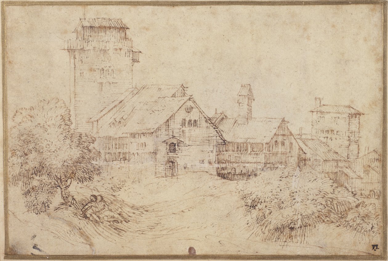 Paisagem com edifícios e amantes, abraçando, depois de Ticiano (caneta e tinta marrom com giz vermelho sobre papel) de Rembrandt Harmensz. van Rijn