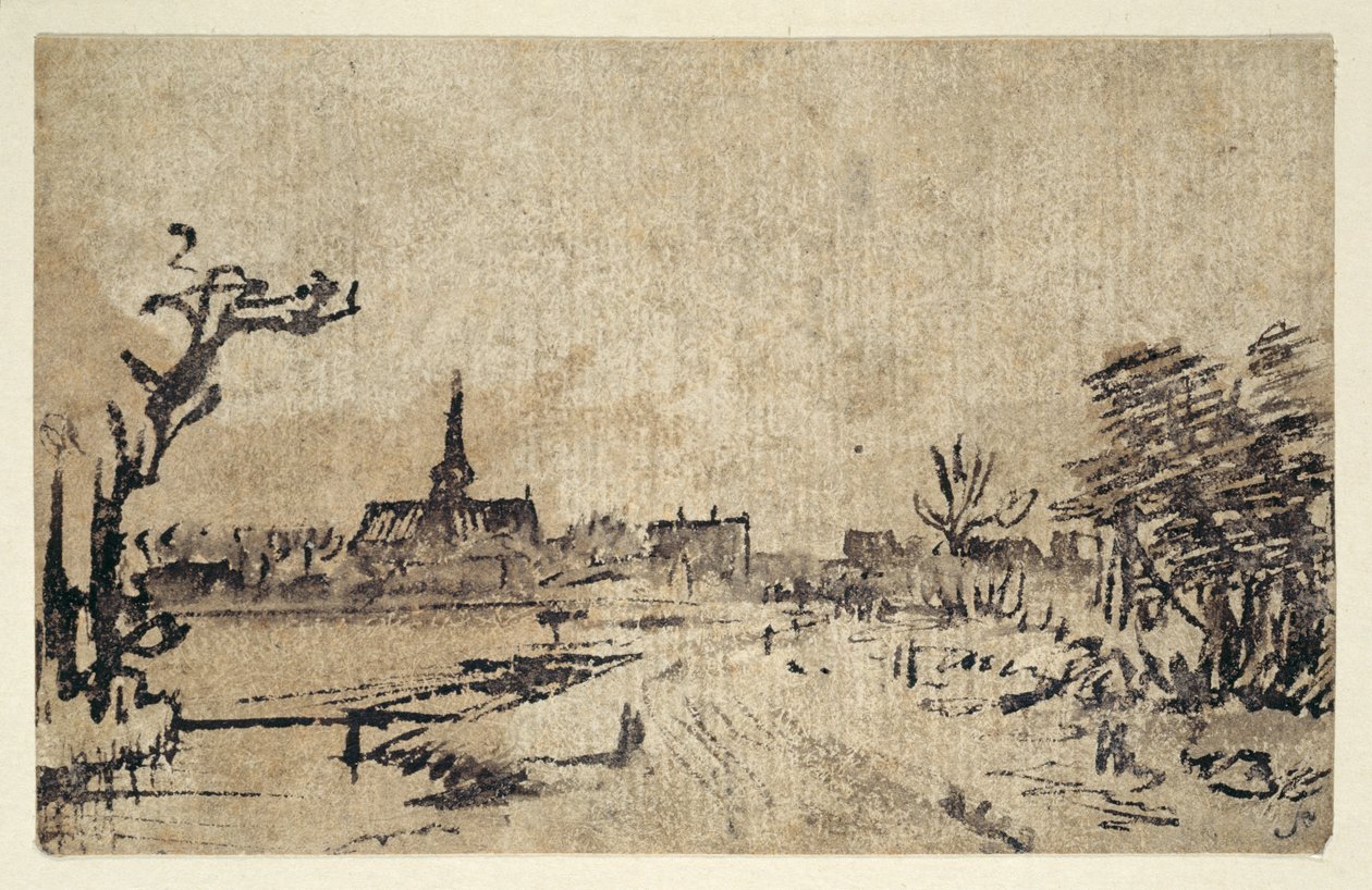 Paisagem com água, a aldeia de Amstelveen ao fundo, c.1654-55 (caneta e tinta com lavagem castanha) de Rembrandt Harmensz. van Rijn