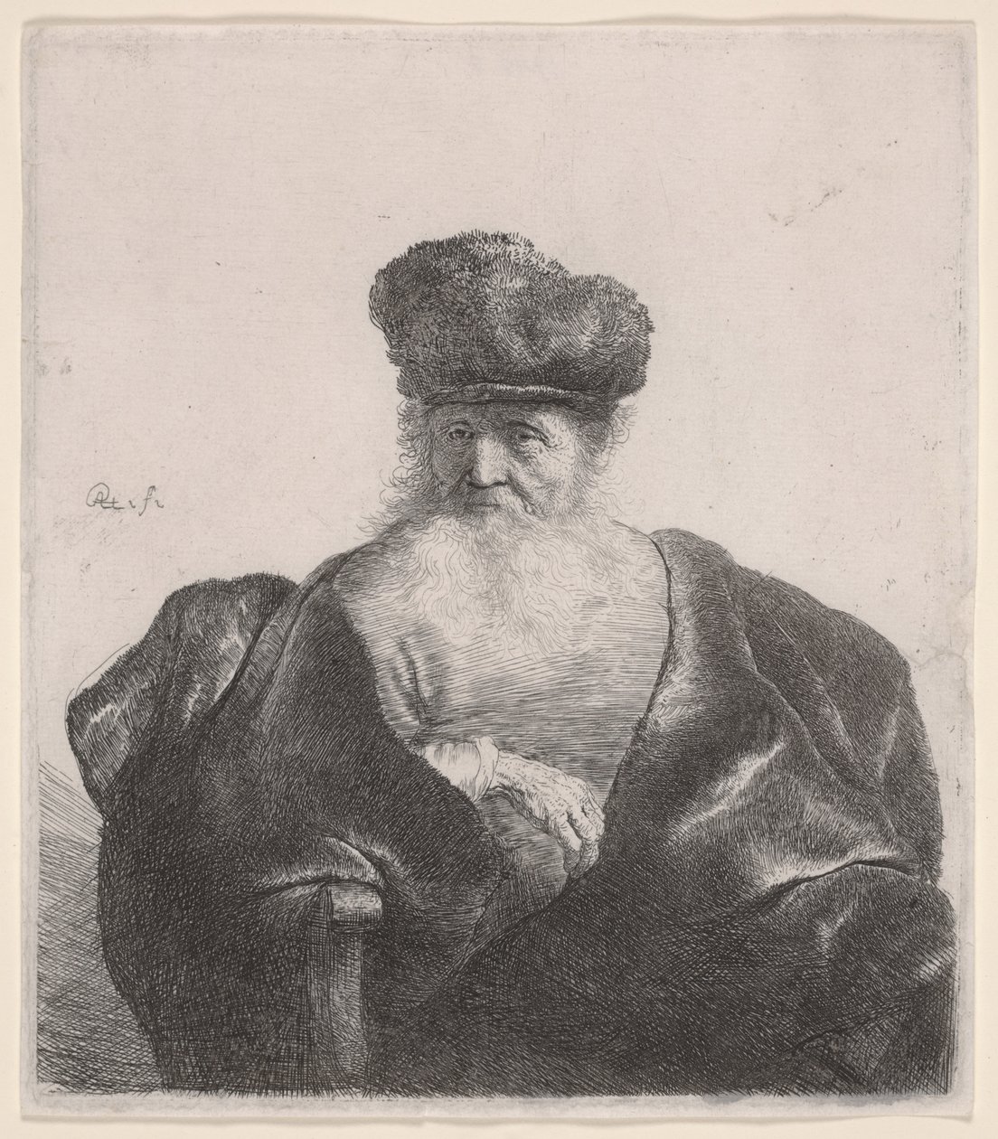 Homem idoso com barba esvoaçante, gorro de pele e capa de veludo, c.1632 (gravura) de Rembrandt van Rijn