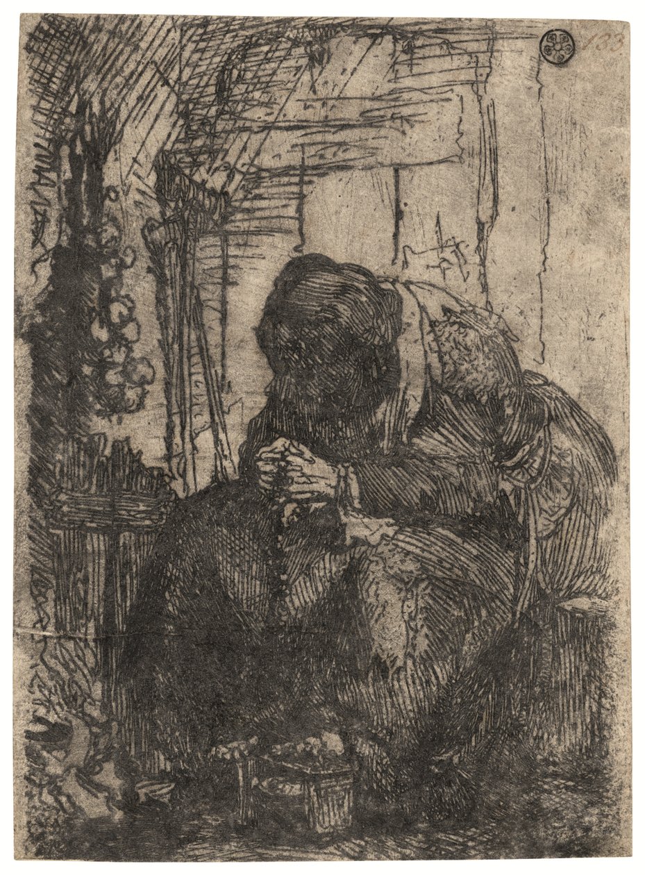Mulher idosa sentada numa casa de campo com um fio de cebolas na parede, c. 1629 (gravura) de Rembrandt Harmensz. van Rijn
