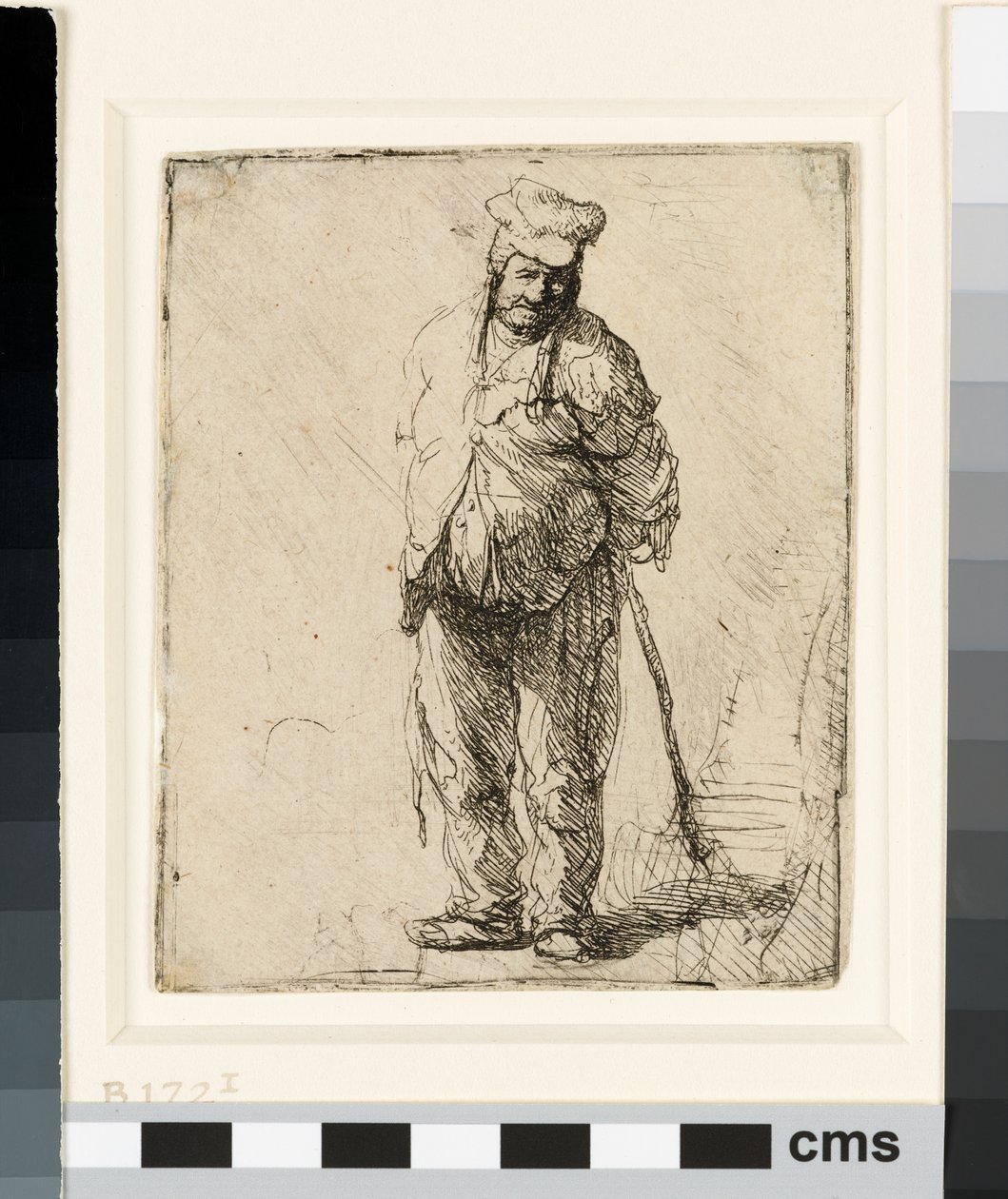 Camponês esfarrapado com as mãos atrás de si, segurando uma vara, c.1630 (gravura) de Rembrandt van Rijn