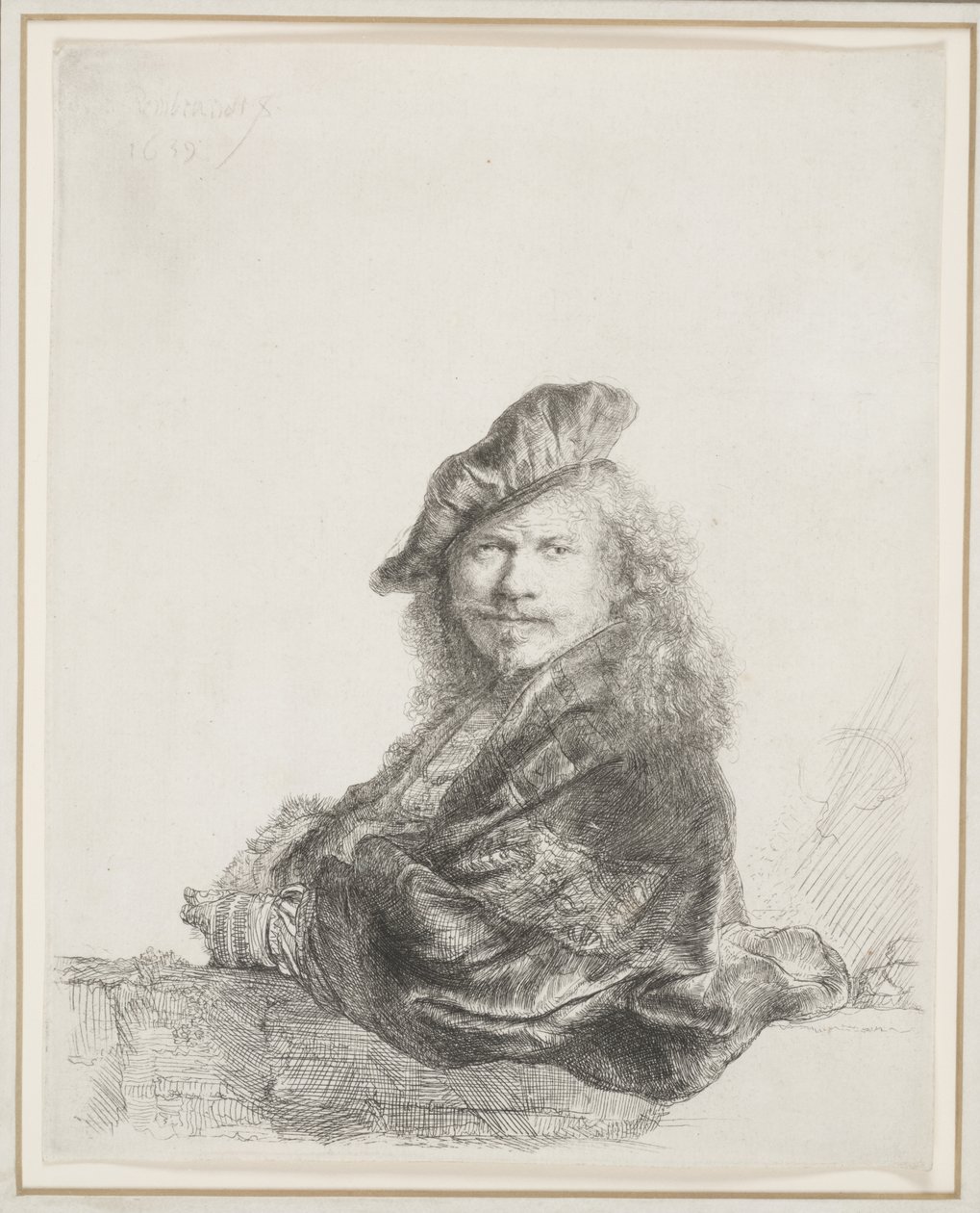 Rembrandt apoiado em um peitoril de pedra: meio comprimento de Rembrandt van Rijn