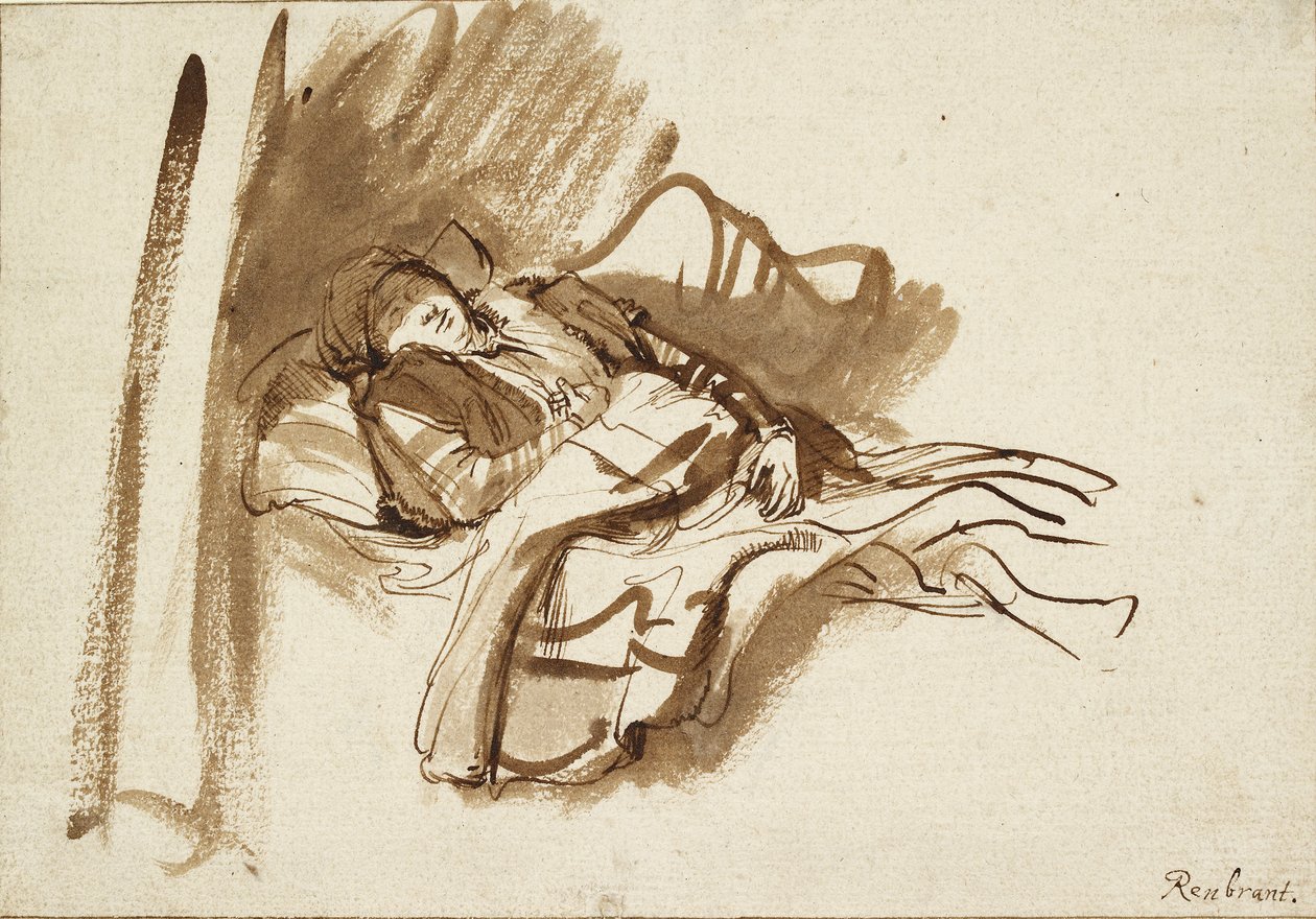 Saskia dormindo na cama, década de 1630 de Rembrandt Harmensz van Rijn