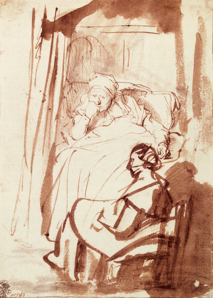 Saskia deitada na cama, uma mulher sentada a seus pés de Rembrandt Harmensz. van Rijn