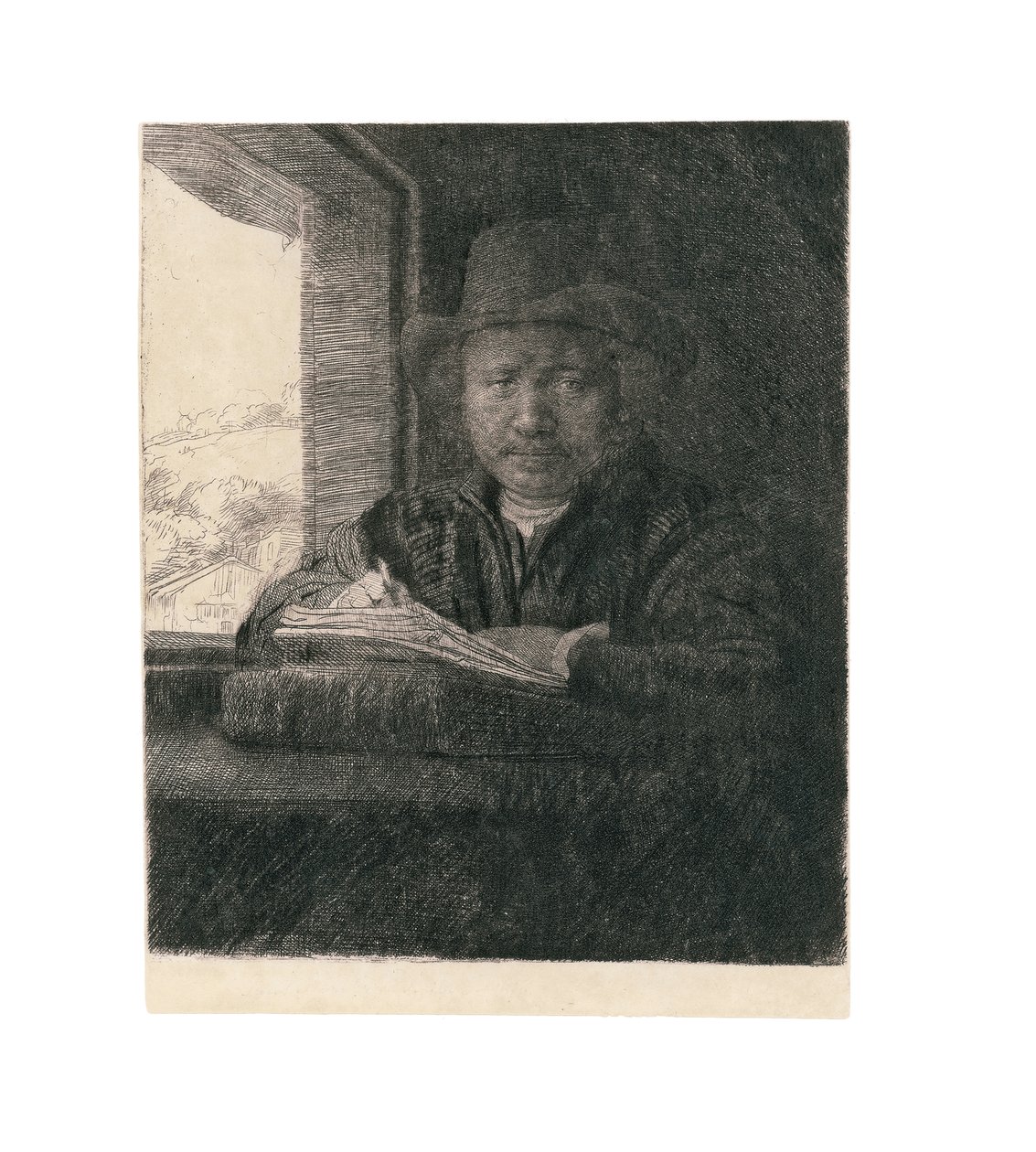 Desenho de autorretrato em uma janela, 1648 de Rembrandt van Rijn