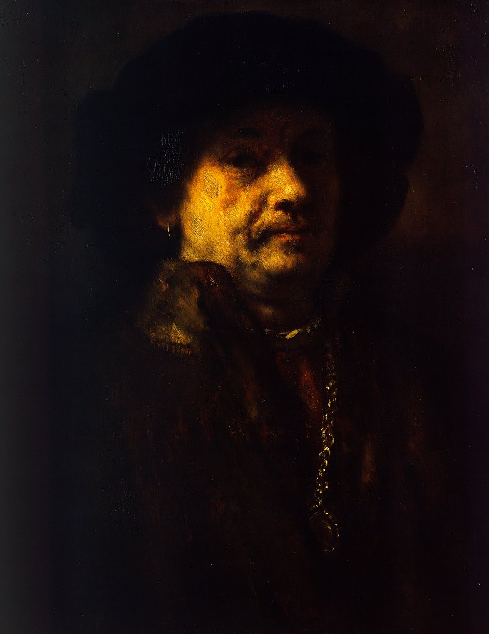 Auto-retrato num casaco de pele com corrente dourada e brinco de Rembrandt Harmensz. van Rijn