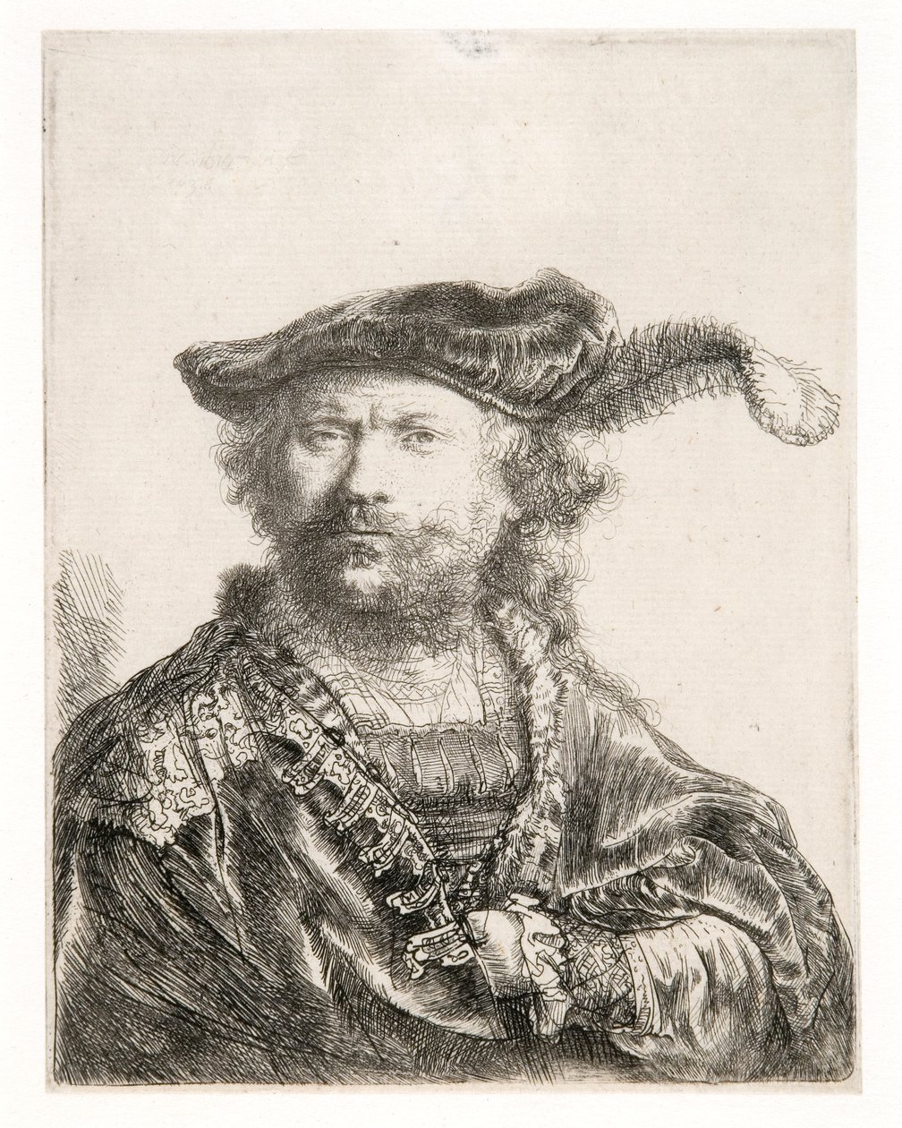 Autorretrato com gorro de veludo e pluma de Rembrandt Harmensz. van Rijn
