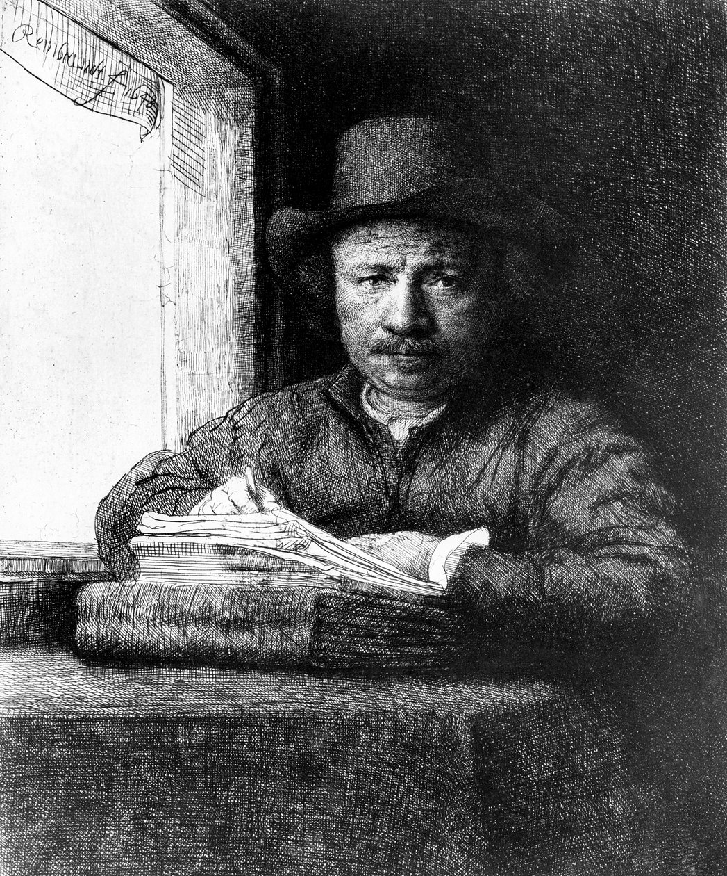 Auto-retrato durante o desenho de Rembrandt van Rijn