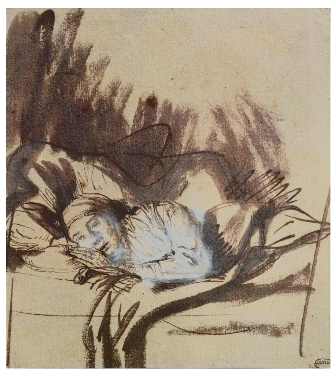 Mulher doente numa cama, talvez Saskia, mulher do pintor de Rembrandt Harmensz. van Rijn