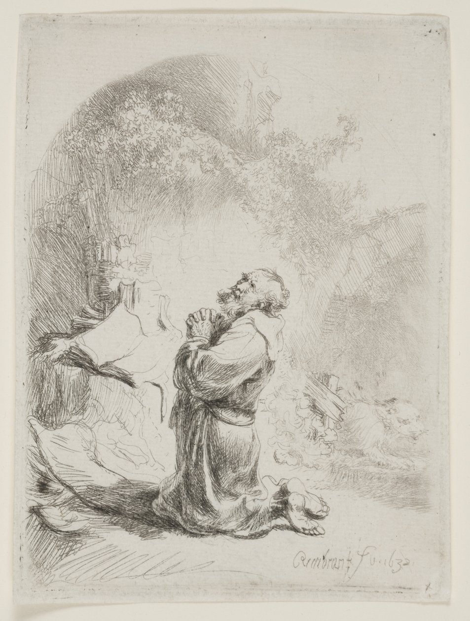 São Jerônimo orando: gravura em arco de Rembrandt van Rijn