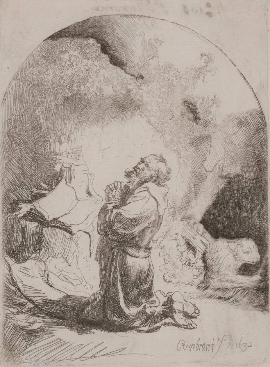 São Jerônimo orando: gravura em arco de Rembrandt van Rijn