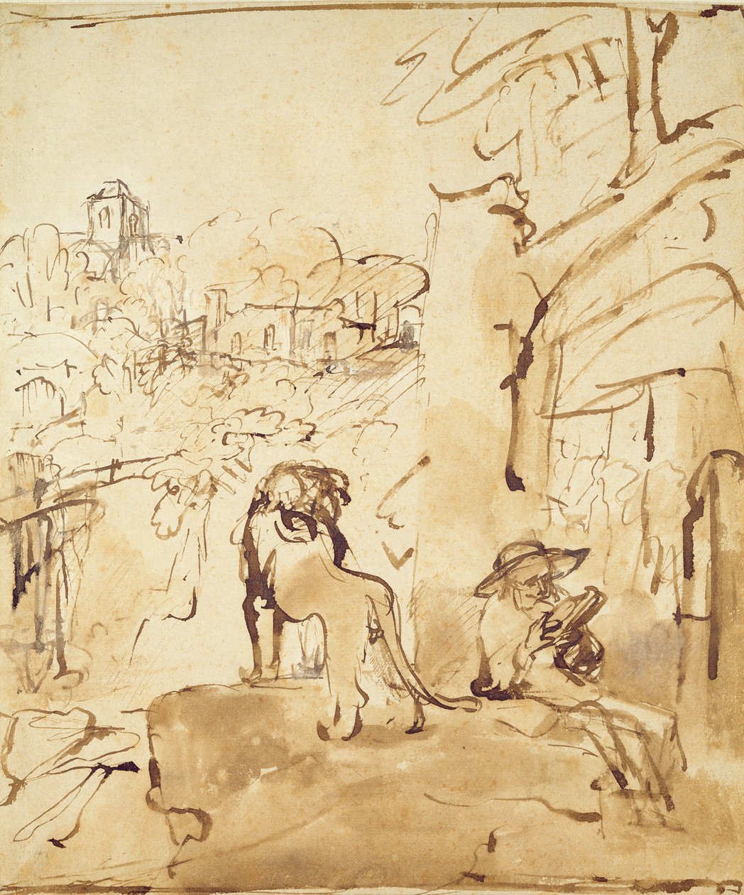 São Jerônimo lendo em uma paisagem (caneta e lavagem sobre papel) de Rembrandt van Rijn