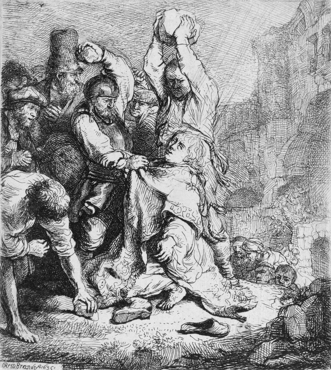 Apedrejamento de Santo Estêvão (caneta e tinta sobre papel) de Rembrandt van Rijn