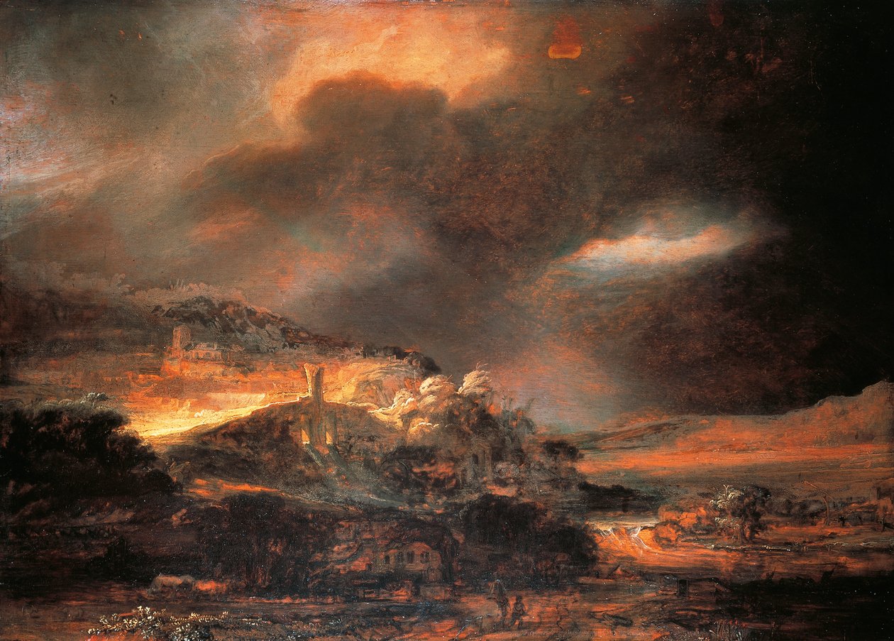 Stormy Landscape, c.1637/38 (óleo sobre painel) de Rembrandt Harmensz. van Rijn