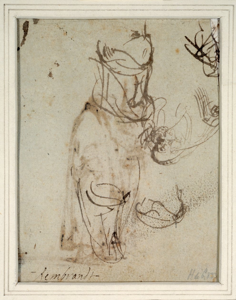 Estudos de um toucado alto; e de uma cabeça invertida do recto (caneta e tinta sobre papel) (verso de 2636119) de Rembrandt Harmensz. van Rijn