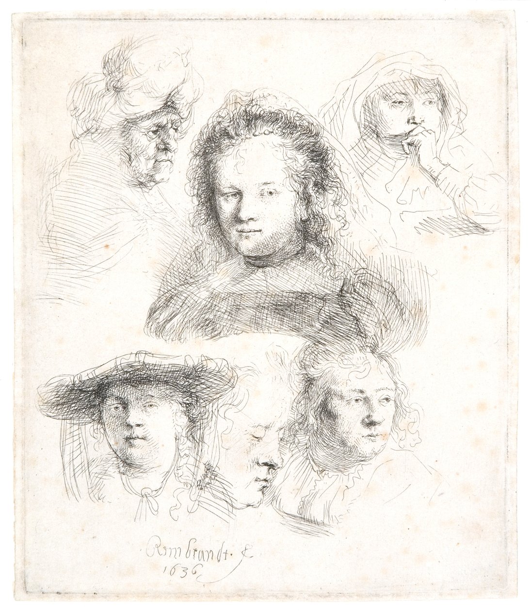 Estudos da cabeça de Saskia e outros de Rembrandt Harmensz. van Rijn