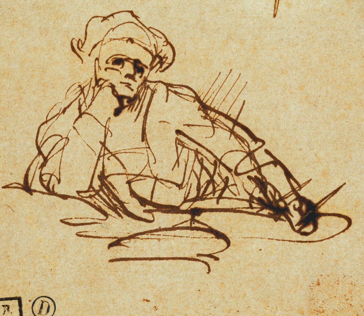 Estudo de um escritor, sentado, parado no pensamento, de Rembrandt van Rijn