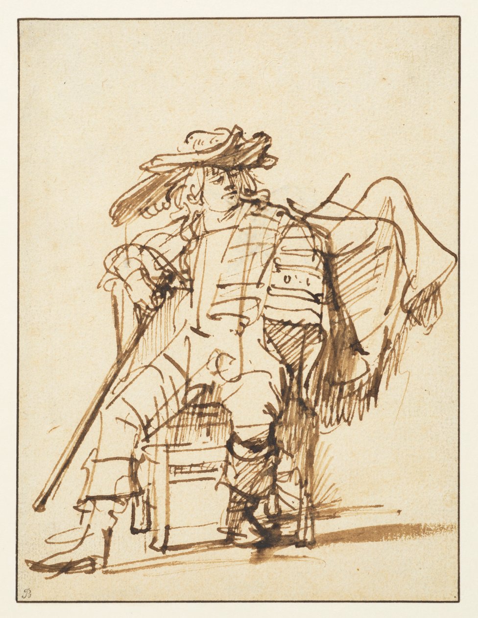 Estudo de um ator sentado de chapéu emplumado - Capitano da Commedia dell "Arte, reto, 1636-c.1638 de Rembrandt van Rijn