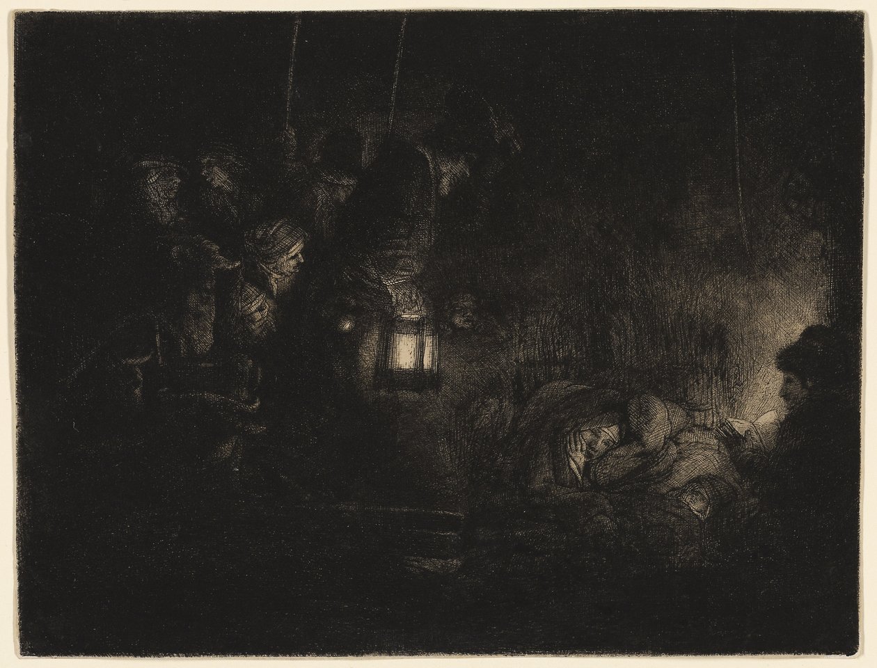 A Adoração dos Pastores: Uma peça nocturna, c.1657 (gravura, ponto seco, e queimadura em preto sobre papel marfim) de Rembrandt Harmensz. van Rijn