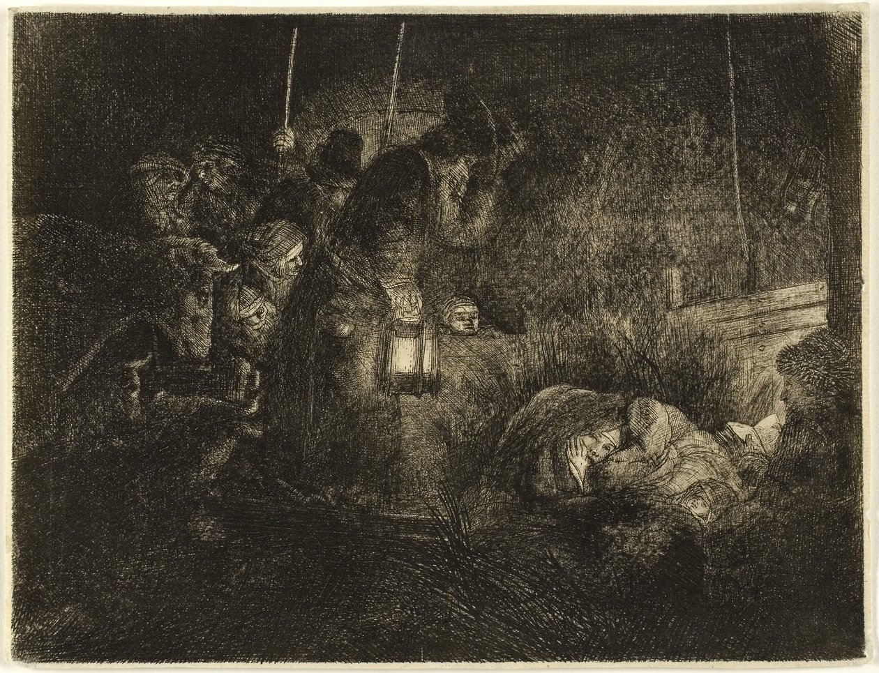 A Adoração dos Pastores: Uma peça nocturna, c.1657 (gravura em papel) de Rembrandt Harmensz. van Rijn