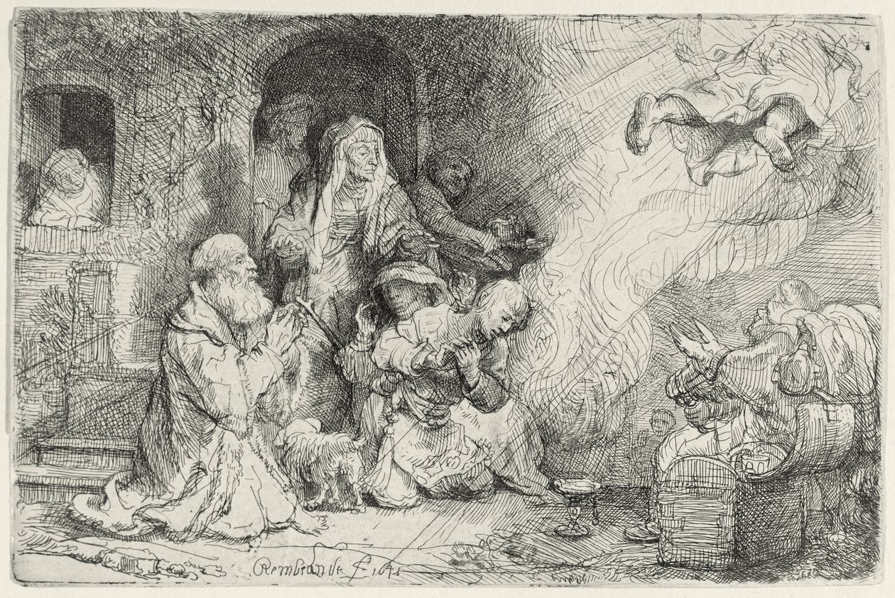 O anjo partindo da família de Tobias (caneta e tinta no papel) de Rembrandt van Rijn