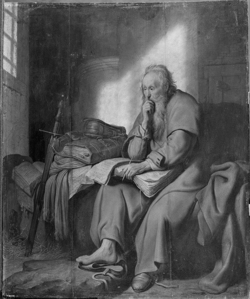 O Apóstolo Paulo na Prisão (óleo sobre tela) (foto a p/b) de Rembrandt van Rijn