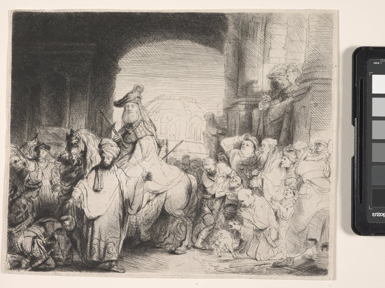 O Triunfo de Mordecai (gravura e ponto seco) de Rembrandt Harmensz. van Rijn