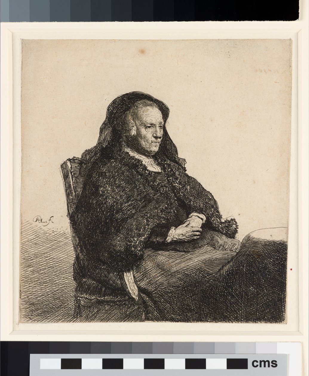 A mãe do artista sentada à mesa, c.1631 (gravura) de Rembrandt van Rijn