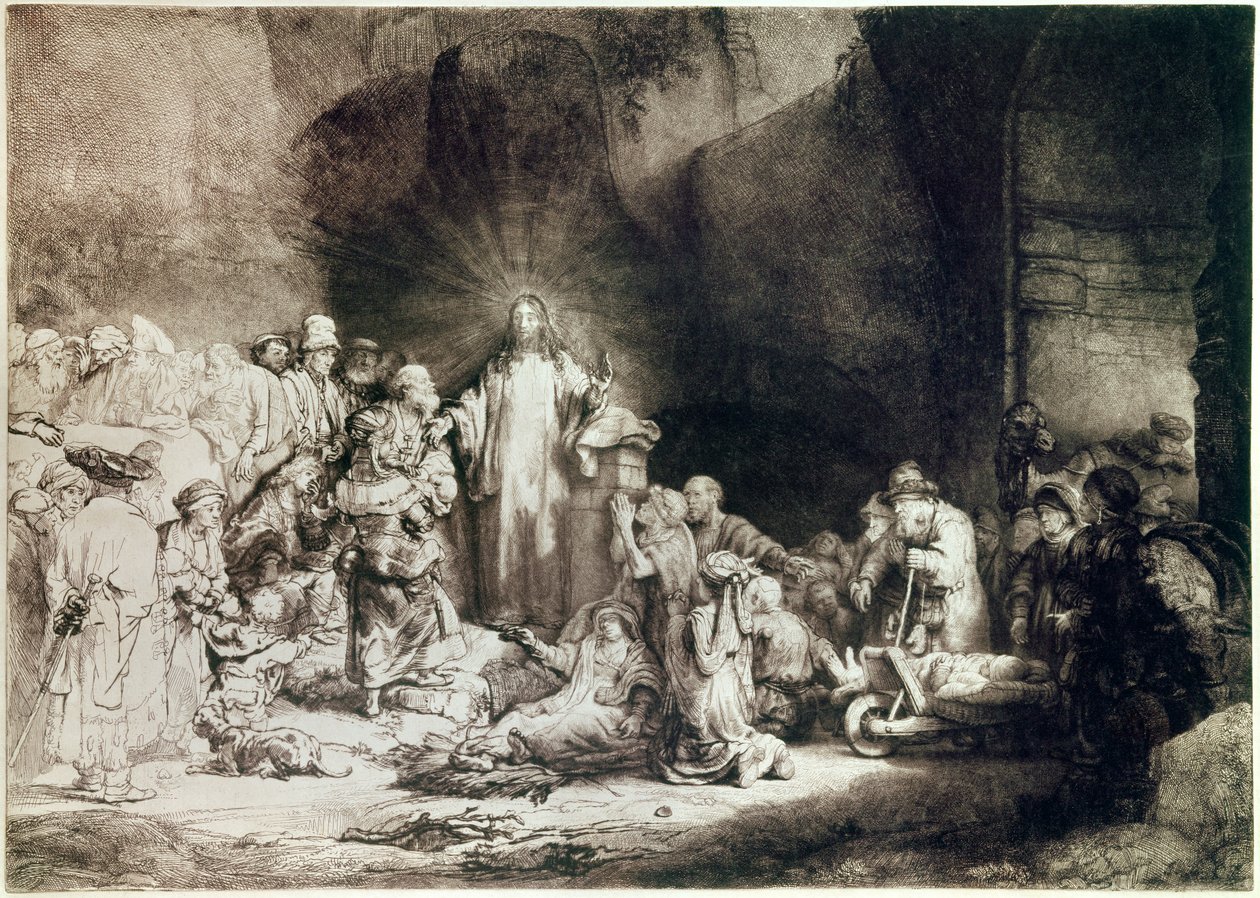 A peça com cem florins ou Jesus guerreiro o enfermo Gravura com cinzel por Harmenszoon van Rijn dit Rembrandt (1606-1669) 1649 aproximadamente. 0,28x0,39 m Paris, musee du Louvre de Rembrandt van Rijn