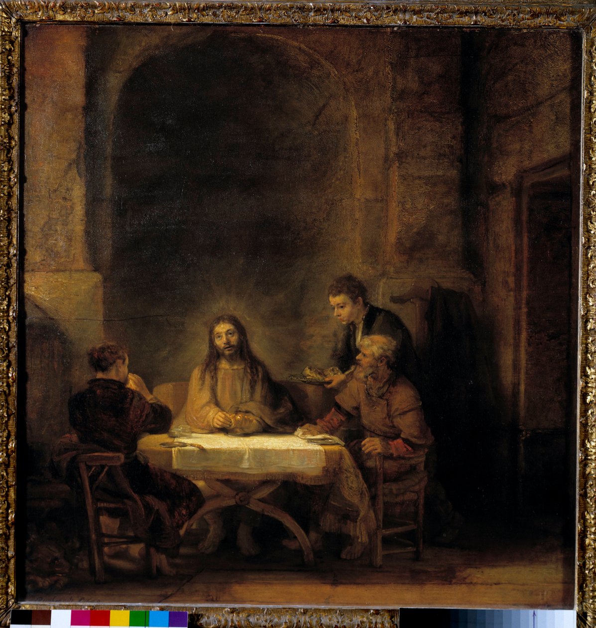 Os peregrinos de Emaús Cristo aparecem aos peregrinos sentados à mesa em uma pousada em Emaús. Pintura de Harmensz van Rijn dit Rembrandt (1606-1669) 1648 Sol. 0,68x0,65 m - Os peregrinos de Emaús também chamam a Ceia de Emaús. Cristo aparecendo aos peregr de Rembrandt van Rijn