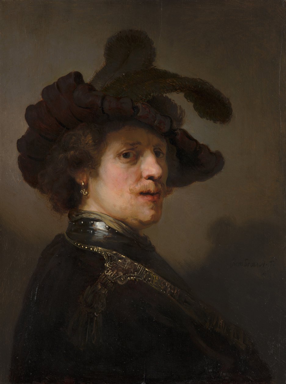 Tronie de um homem com uma boina de penas, c.1635-40 (óleo no painel) de Rembrandt van Rijn