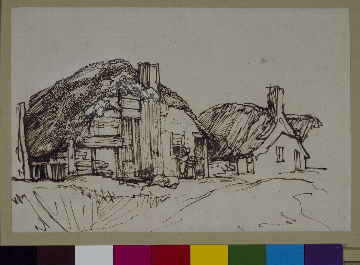 Duas cabanas de colmo com figuras na janela, c.1640 (caneta e tinta sobre papel) de Rembrandt Harmensz. van Rijn