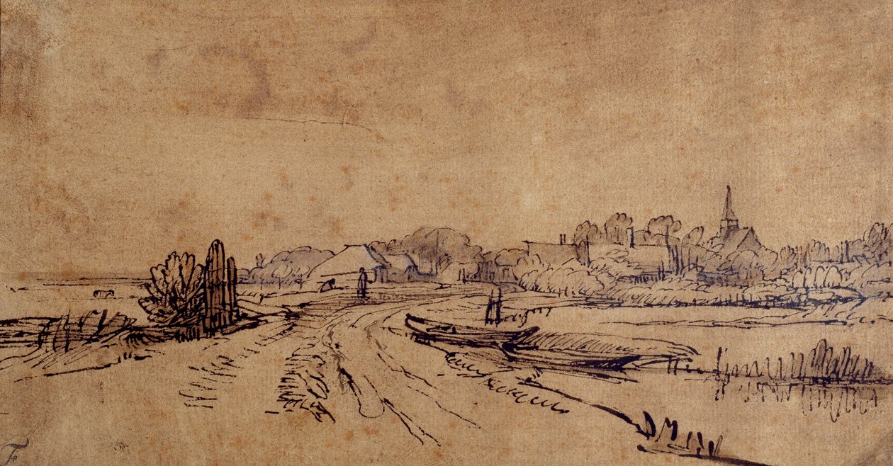 Vista da Sloten, c.1650 (caneta e tinta com lavagem castanha no papel) de Rembrandt Harmensz. van Rijn