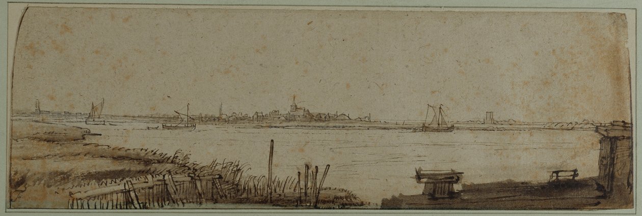 Vista do Rio IJ do Diemerdijk, c.1650 (caneta e tinta com lavagem castanha e corpinho branco sobre papel) de Rembrandt Harmensz. van Rijn