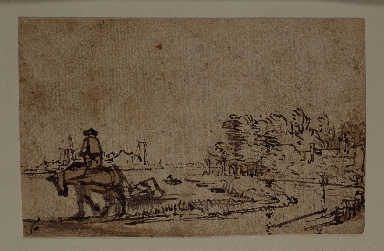 Vista sobre o Amstel, com um cavalo a rebocar uma barcaça, c.1650 (caneta e tinta com lavagem castanha sobre papel) de Rembrandt Harmensz. van Rijn