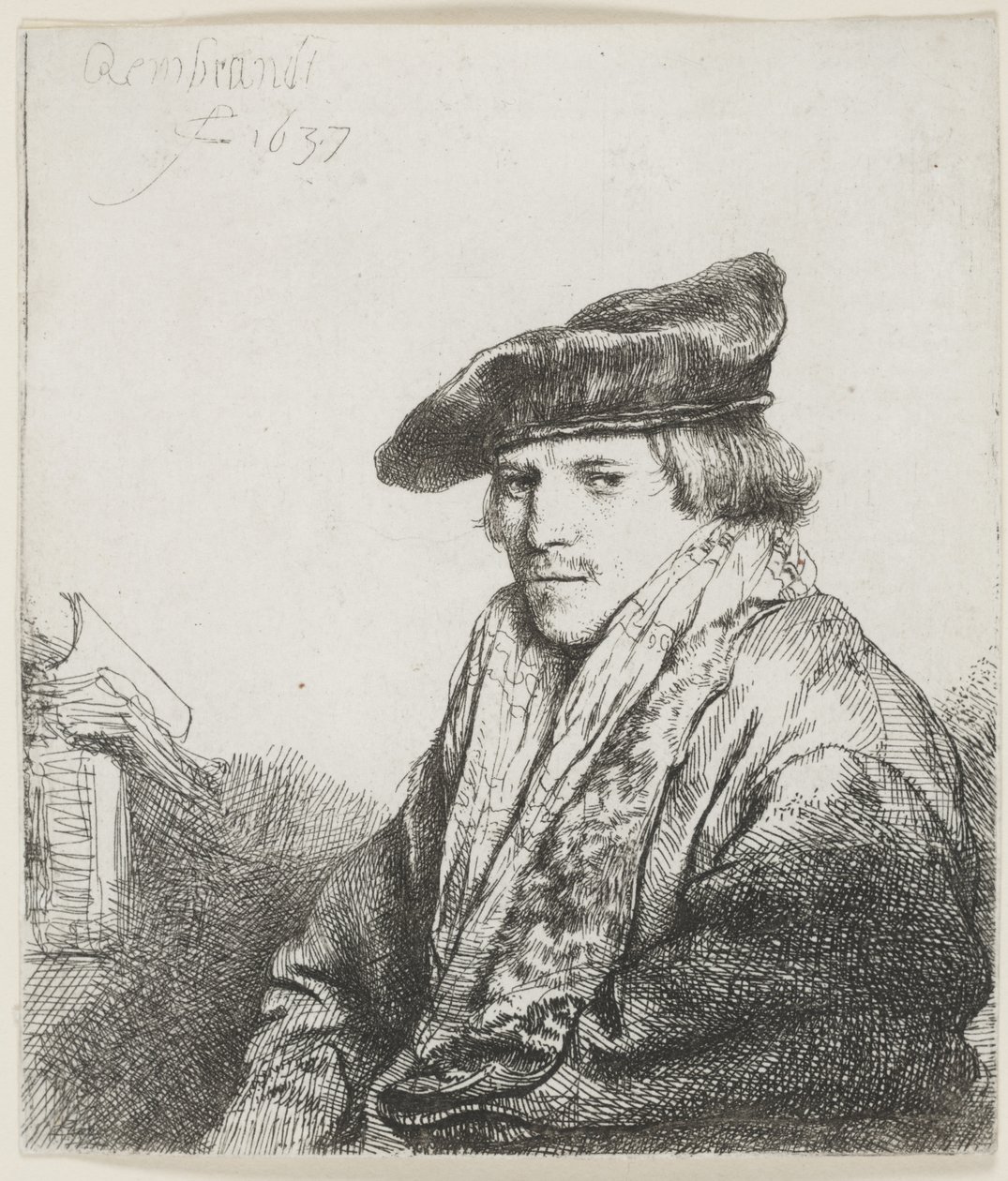Jovem com um boné de veludo com livros ao lado de Rembrandt van Rijn