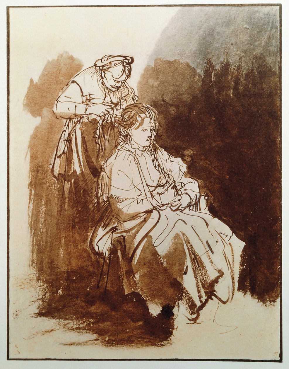 Jovem mulher na casa de banho dela. O cabelo de uma solteirona. (Desenho com tinta, c.1635) de Rembrandt van Rijn