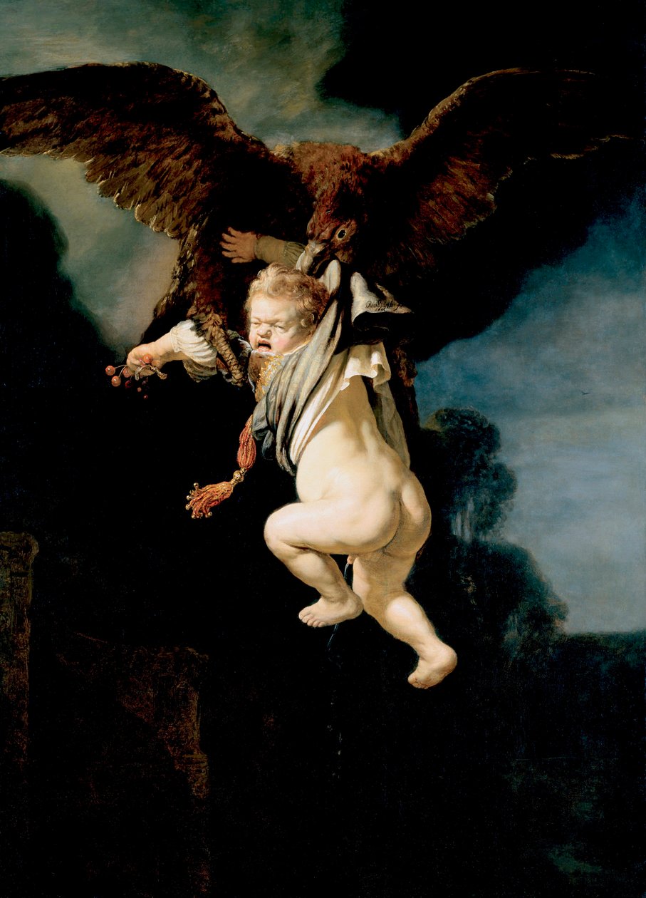 "O Rapto de Ganímedes Enquanto pastava o seu rebanho no Monte Ida em Troad, Zeus, transformando-se em águia, rapta-a para fazer dela sua amante, e o copeiro dos deuses Pintura de Rembrandt van Rhijn (1606-1669) 16 de Rembrandt van Rijn