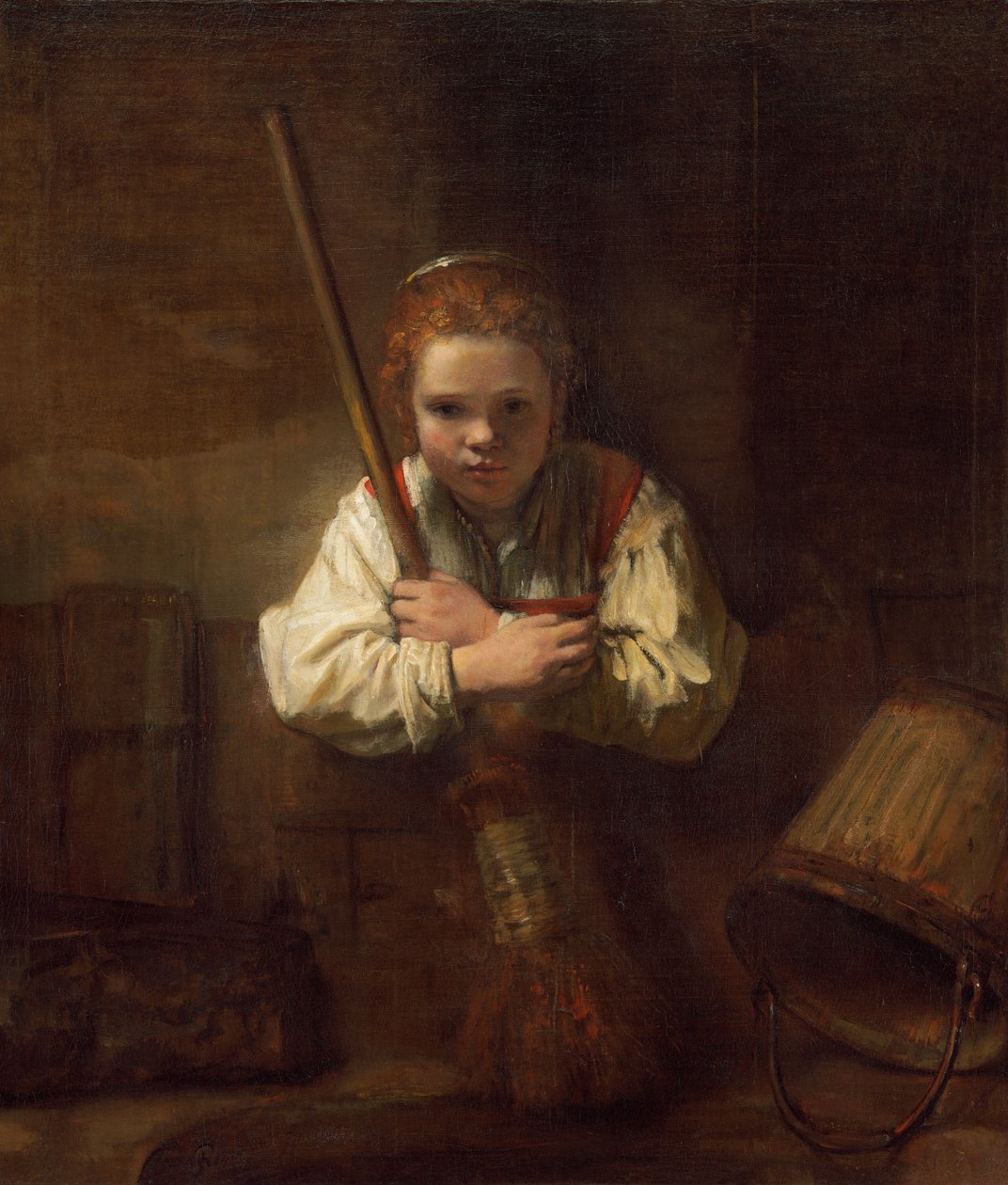 A Girl with a Broom, provavelmente iniciada em 16461648 e concluída em 1651 de Rembrandt Workshop