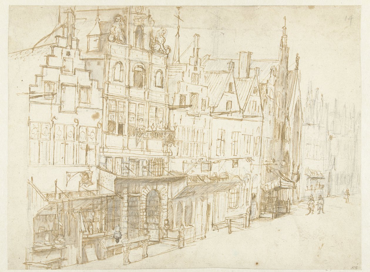 Vista de uma fileira de casas de uma cidade de Rembrandt van Rijn (school of)
