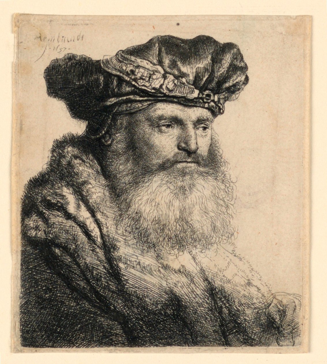 Um homem barbudo usando um gorro de veludo com um fecho de joia de Rembrandt van Rijn
