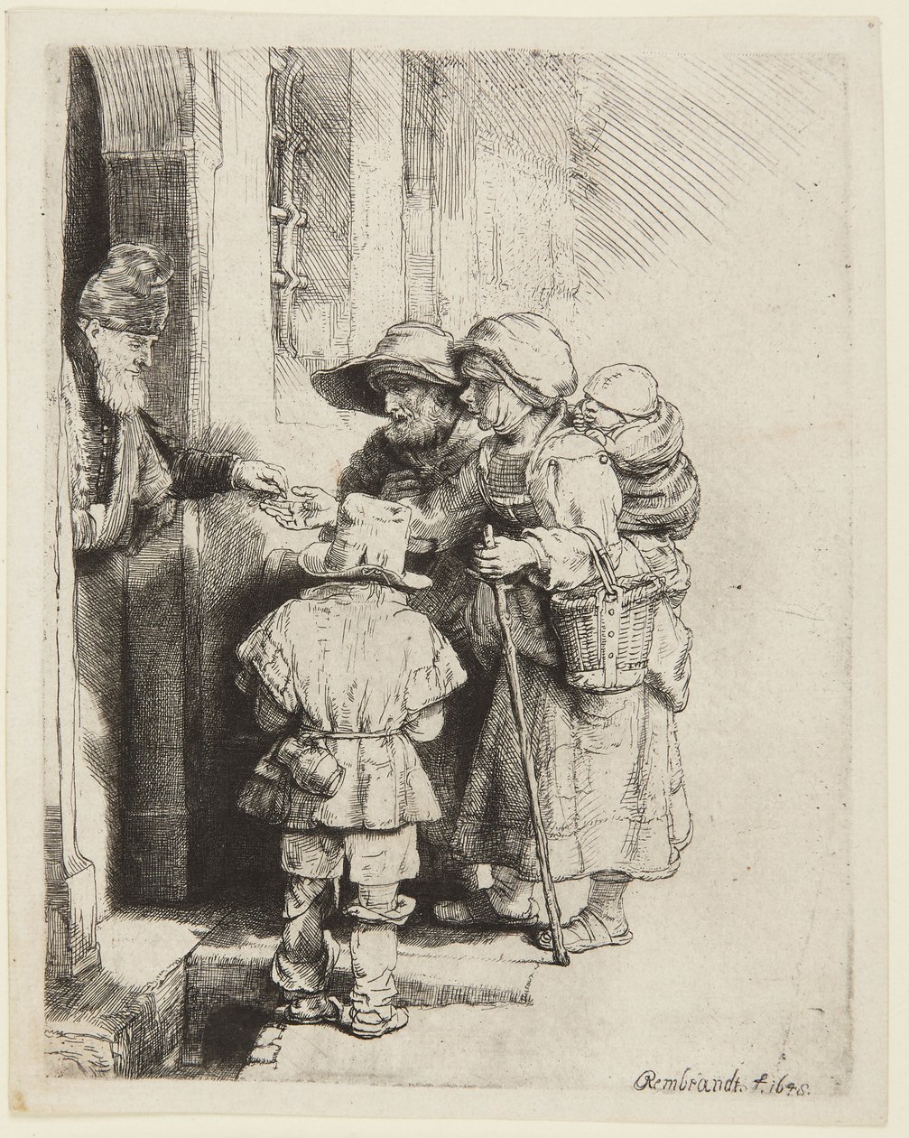 Um tocador cego de viela de roda e a sua família a receber esmolas de Rembrandt van Rijn