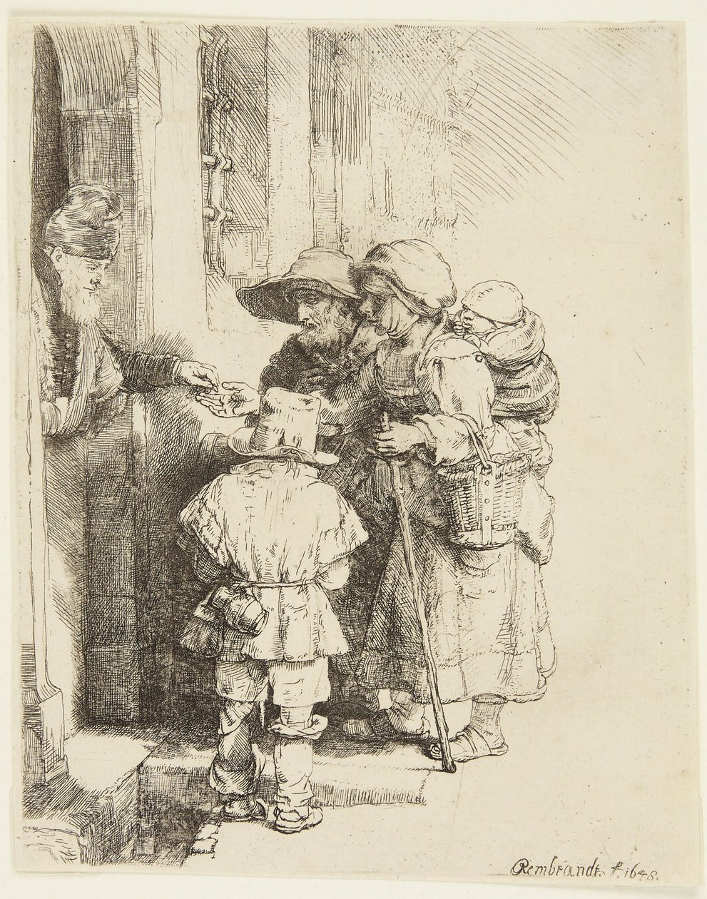 Um tocador cego de viela de roda e a sua família a receber esmolas de Rembrandt van Rijn