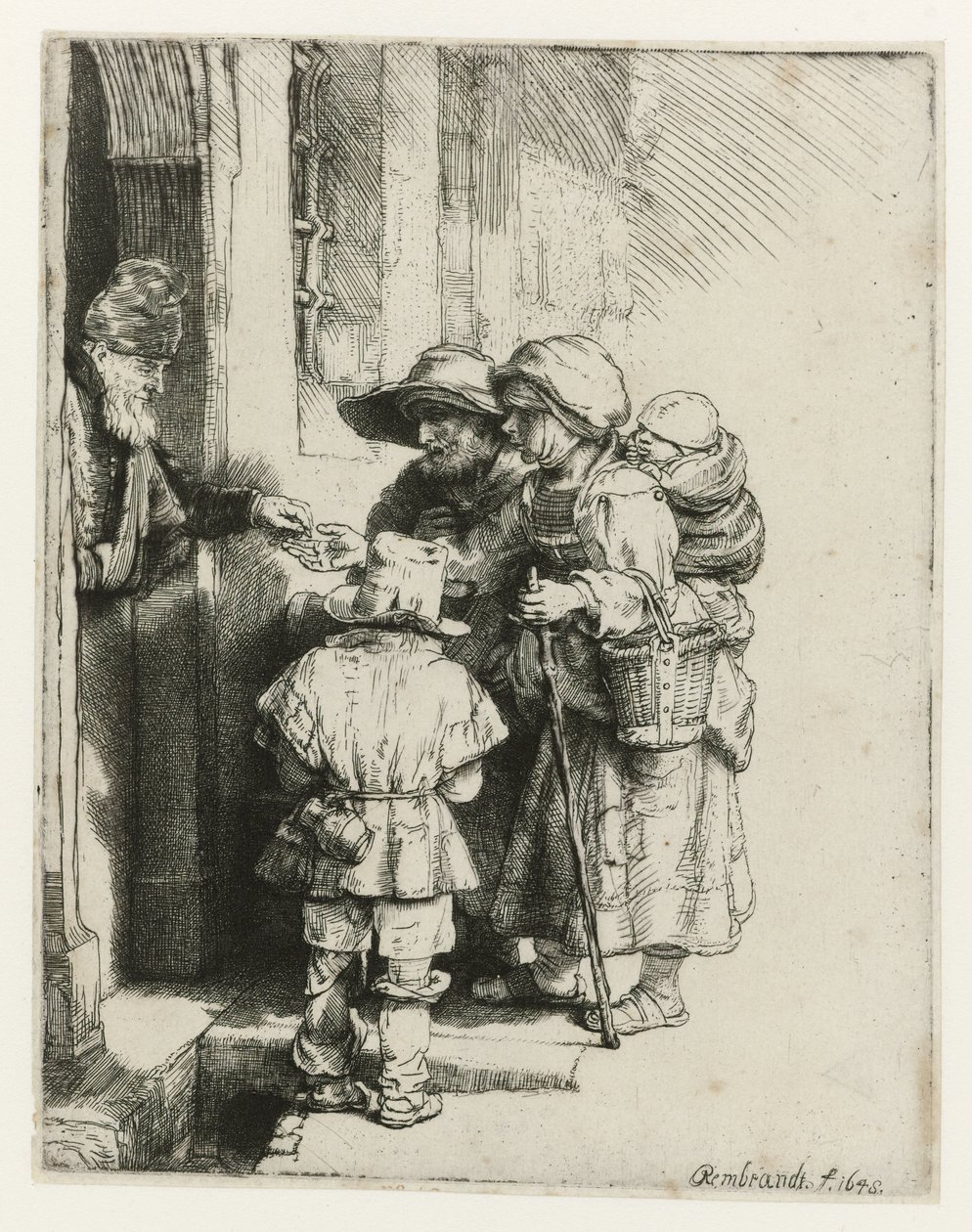 Um jogador cego de viela e sua família Um tocador de realejo cego e família recebendo esmolas de Rembrandt van Rijn